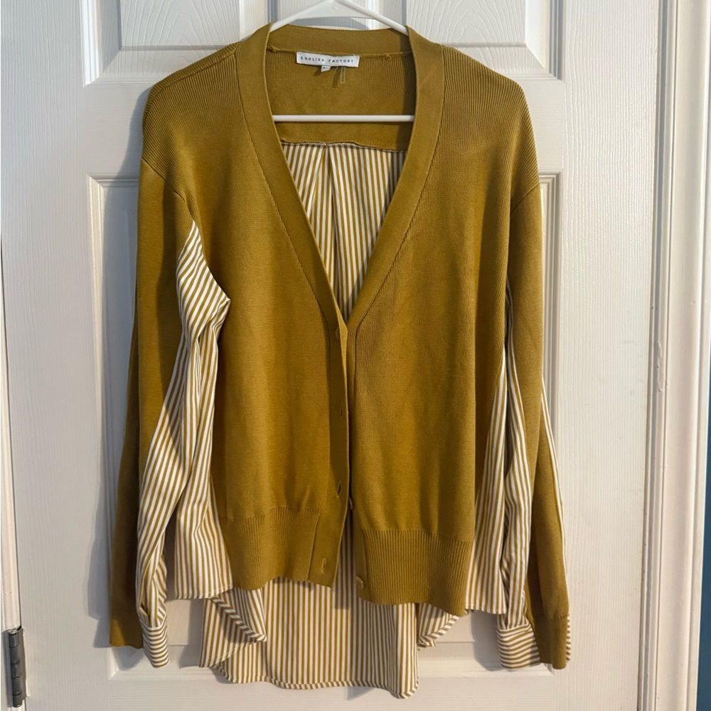 English Factory Mustard Knit & Striped Button Front Cardigan Blouse Size S